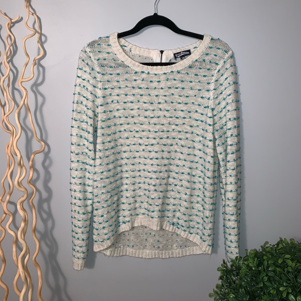 Freshman Cream Textured Turquoise Knit Sweater ⚡️
